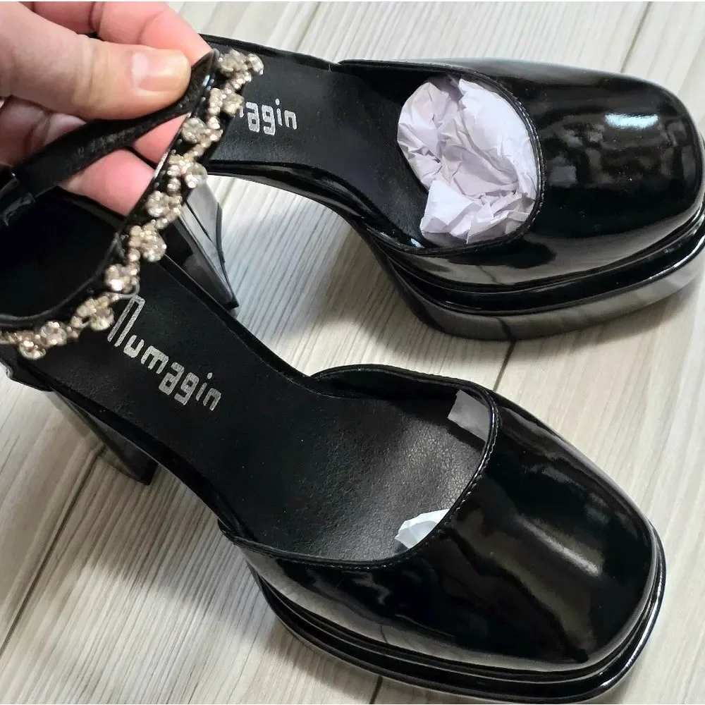 (36-4276) Women's Sexy Patent Leather Platform Chunky High Heels Sz 40 (9.5)